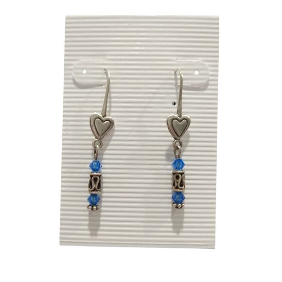 Vtg 925 Sterling Silver Hearts Dangle Drop Earrings Royal Blue Crystal Signed - Picture 2 of 7